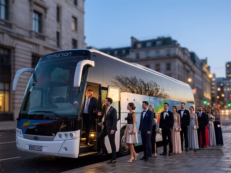 Autocar de Flomarsan recogiendo invitados de una boda